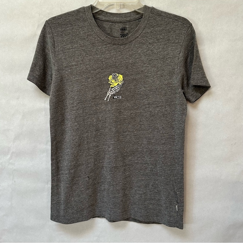 Vans Surf Skate Gray T-Shirt with Skeleton and Yellow Rose Design
